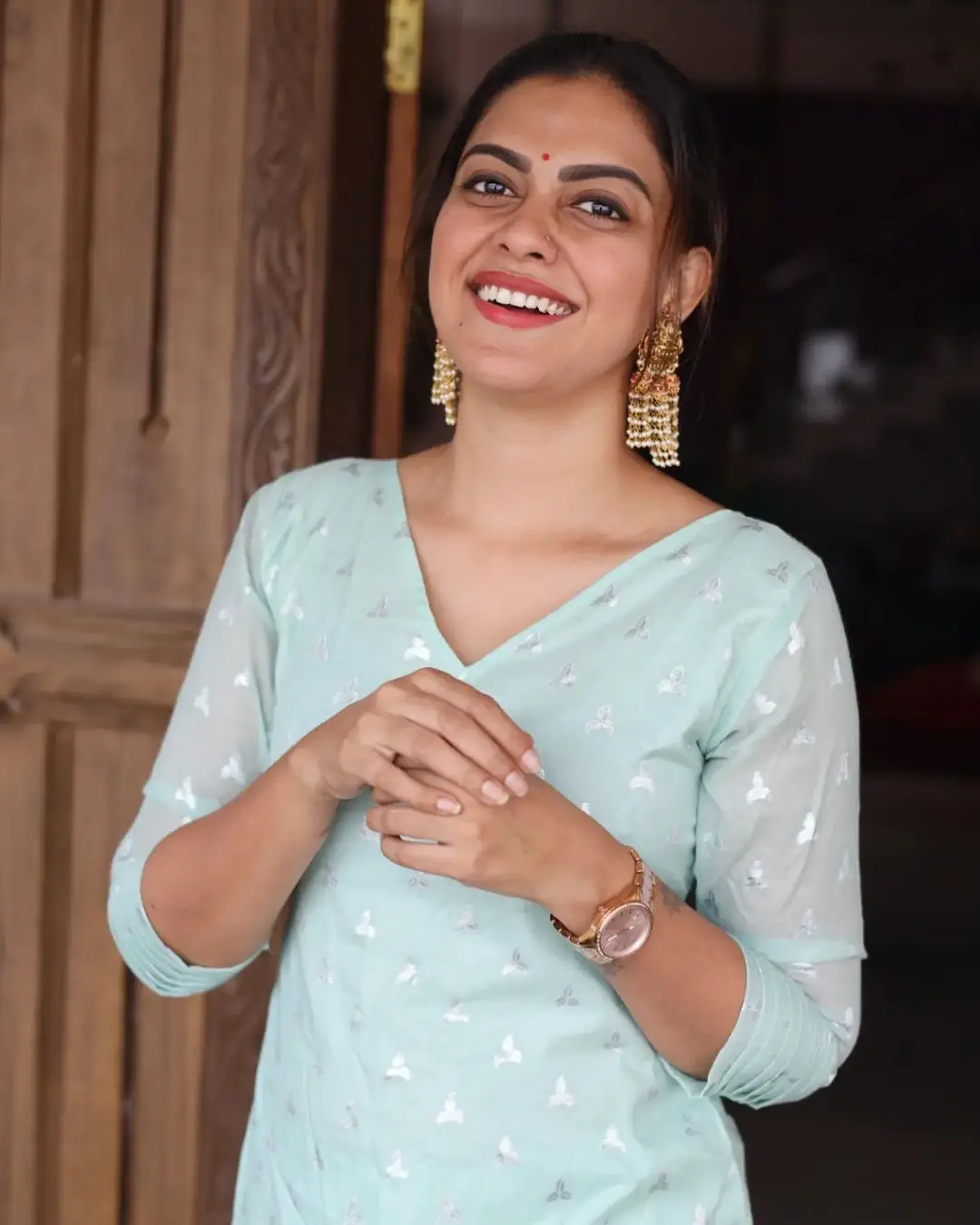 Anusree Nair Wearing Beautiful Earrings Jewellery Blue Gown